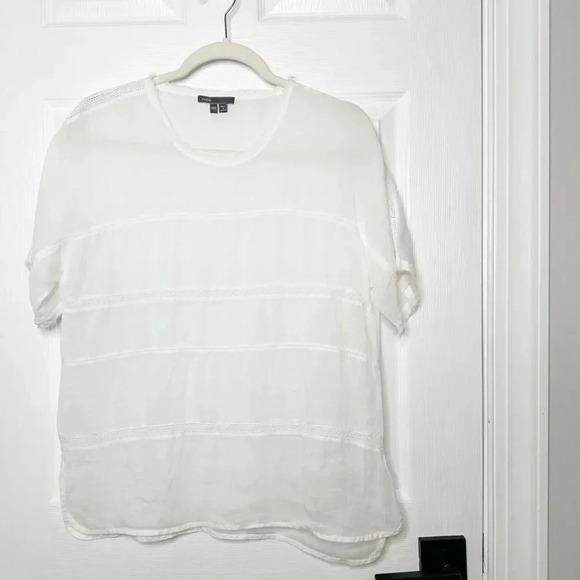 VINCE 100% Ramie White Lace Insert Boxy Top Size XXS Minimalist Quiet Luxury‎ - Picture 2 of 7